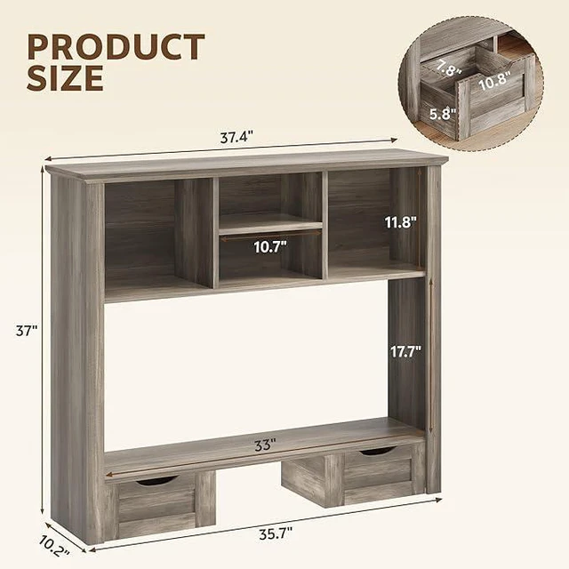 Alt view image 2 of 7 - Desk Shelf with Computer Monitor Stand, 37.4''W Desktop Bookshelf Display Rack, Desktop Organizer Storage Rack with Cubbies & Drawers, 5-Tier Hutch for Home, Office, Dorm, Vanity, Grey