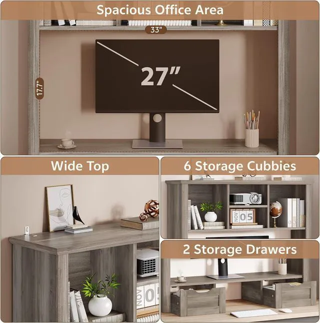 Alt view image 3 of 7 - Desk Shelf with Computer Monitor Stand, 37.4''W Desktop Bookshelf Display Rack, Desktop Organizer Storage Rack with Cubbies & Drawers, 5-Tier Hutch for Home, Office, Dorm, Vanity, Grey