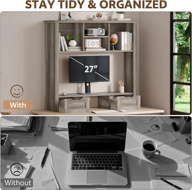 Alt view image 4 of 7 - Desk Shelf with Computer Monitor Stand, 37.4''W Desktop Bookshelf Display Rack, Desktop Organizer Storage Rack with Cubbies & Drawers, 5-Tier Hutch for Home, Office, Dorm, Vanity, Grey