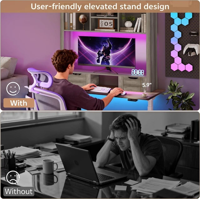 Alt view image 7 of 7 - Desk Shelf with Computer Monitor Stand, 37.4''W Desktop Bookshelf Display Rack, Desktop Organizer Storage Rack with Cubbies & Drawers, 5-Tier Hutch for Home, Office, Dorm, Vanity, Grey
