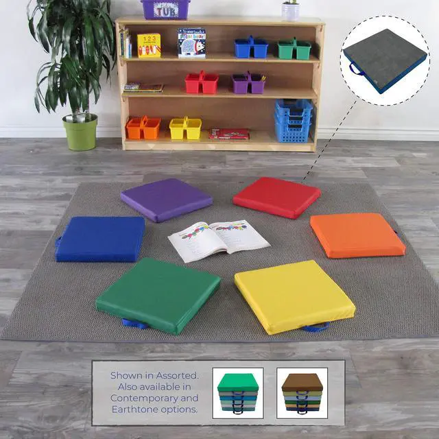 Alt view image 4 of 7 - SoftScape 15 inch Square Classroom Floor Cushions with Handles; Flexible Seating for Daycare, Preschool, Playroom; 2 inch Thick Deluxe Foam (6-Piece) - Contemporary, 12228-CT