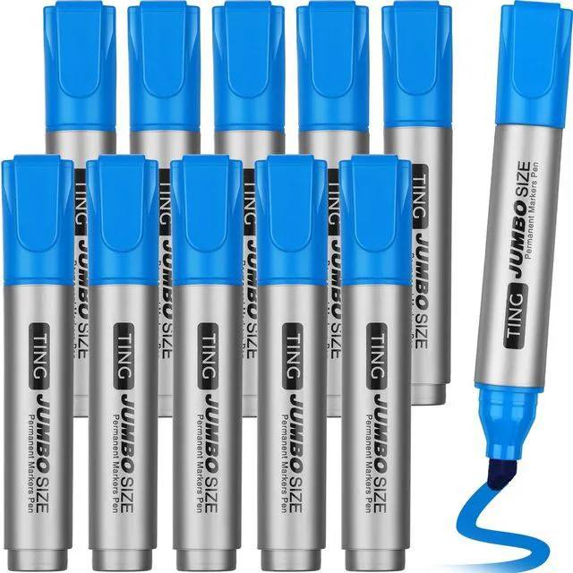Main image of 10 Pack Jumbo Permanent Markers Chisel Tip Quick Dry Lake Blue Waterproof, Large Big Poster Pens Bulk for Office, Logistics Company and More
