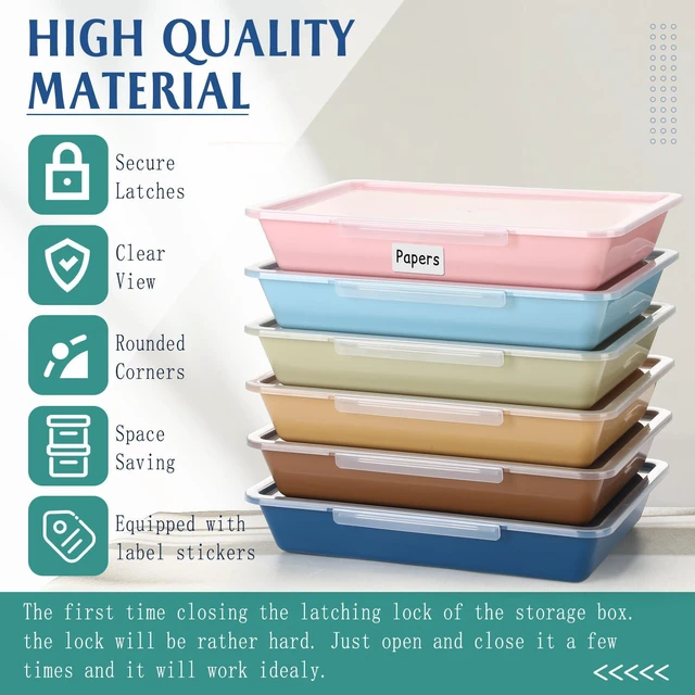 Alt view image 3 of 6 - 12 Pcs Classroom Paper Storage Bins with Clear Latching Lids Labels, Letter Size Stackable Flat Trays Container Paper Organizer for Teacher Back to School Office Arts Crafts (Morandi,13x10in)