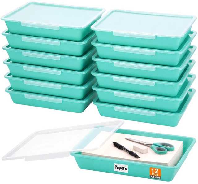Main image of 12 Pcs Classroom Paper Storage Bins with Clear Latching Lid, Label Stackable Letter Size Flat Tray Container for Teacher Back to School Supplies Home Office Desk Arts Crafts (Teal,13x10in)