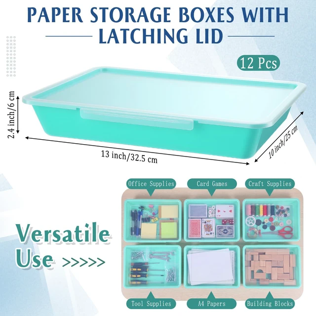 Alt view image 2 of 6 - 12 Pcs Classroom Paper Storage Bins with Clear Latching Lid, Label Stackable Letter Size Flat Tray Container for Teacher Back to School Supplies Home Office Desk Arts Crafts (Teal,13x10in)