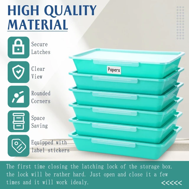 Alt view image 3 of 6 - 12 Pcs Classroom Paper Storage Bins with Clear Latching Lid, Label Stackable Letter Size Flat Tray Container for Teacher Back to School Supplies Home Office Desk Arts Crafts (Teal,13x10in)