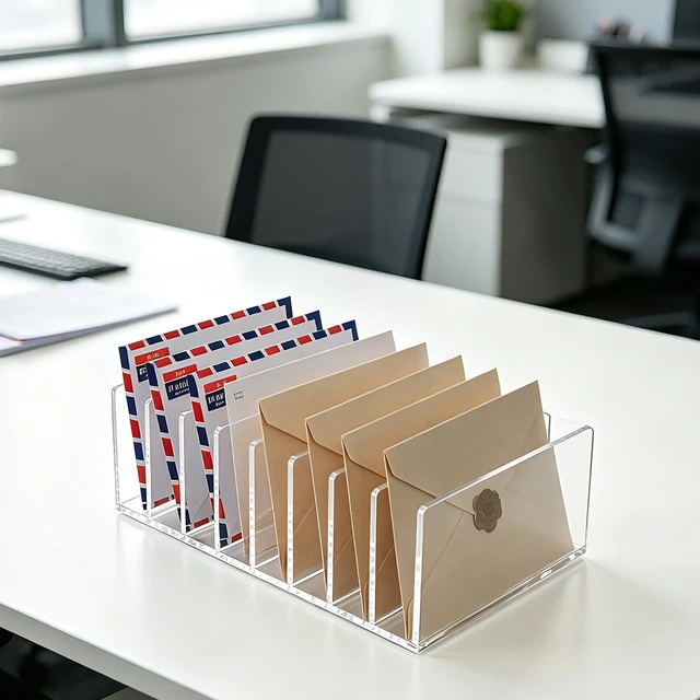 Alt view image 3 of 7 - 8 Compartments Clear Acrylic Mail Holder Vertical Letter Sorter & Multifunction Desk Organizer for Bills, Documents, Notebooks Modern Office/Home Envelope File Rack