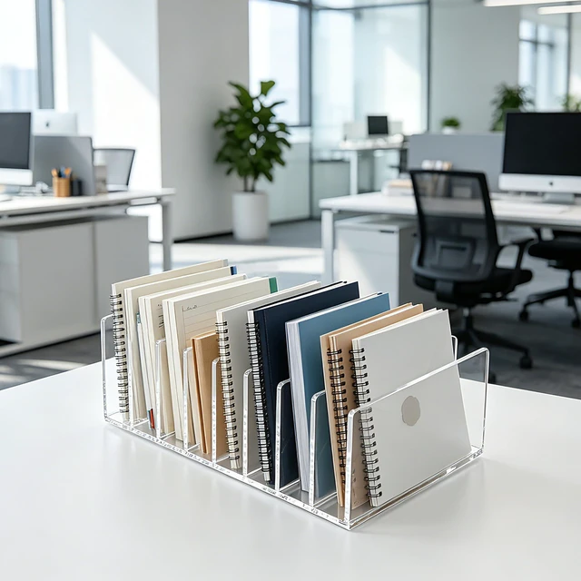 Alt view image 5 of 7 - 8 Compartments Clear Acrylic Mail Holder Vertical Letter Sorter & Multifunction Desk Organizer for Bills, Documents, Notebooks Modern Office/Home Envelope File Rack