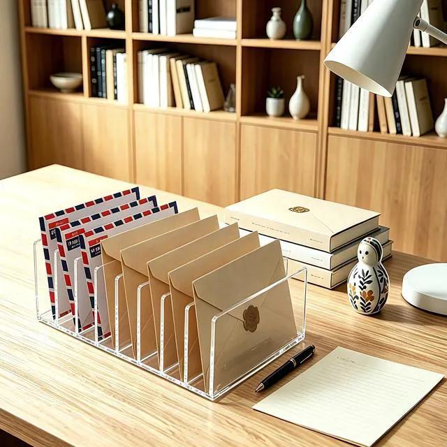 Alt view image 6 of 7 - 8 Compartments Clear Acrylic Mail Holder Vertical Letter Sorter & Multifunction Desk Organizer for Bills, Documents, Notebooks Modern Office/Home Envelope File Rack