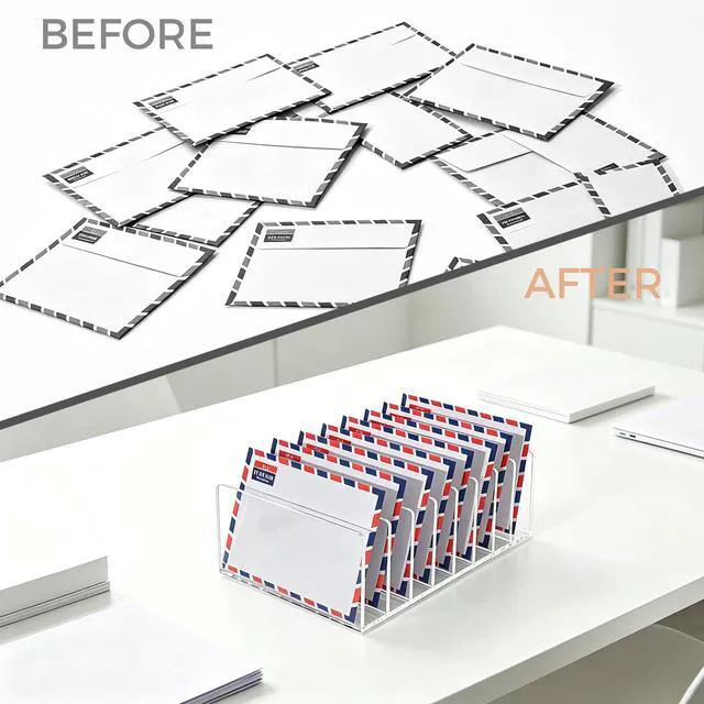 Alt view image 7 of 7 - 8 Compartments Clear Acrylic Mail Holder Vertical Letter Sorter & Multifunction Desk Organizer for Bills, Documents, Notebooks Modern Office/Home Envelope File Rack