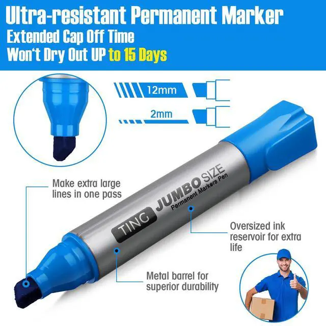 Alt view image 4 of 6 - 10 Pack Jumbo Permanent Markers Chisel Tip Quick Dry Lake Blue Waterproof, Large Big Poster Pens Bulk for Office, Logistics Company and More