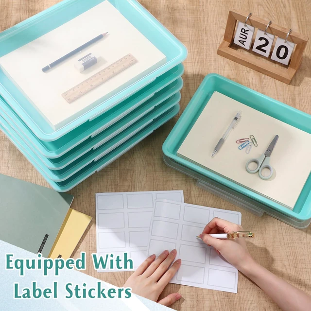 Alt view image 5 of 6 - 12 Pcs Classroom Paper Storage Bins with Clear Latching Lid, Label Stackable Letter Size Flat Tray Container for Teacher Back to School Supplies Home Office Desk Arts Crafts (Teal,13x10in)