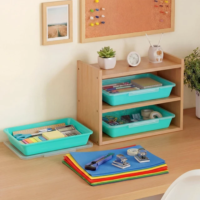 Alt view image 6 of 6 - 12 Pcs Classroom Paper Storage Bins with Clear Latching Lid, Label Stackable Letter Size Flat Tray Container for Teacher Back to School Supplies Home Office Desk Arts Crafts (Teal,13x10in)