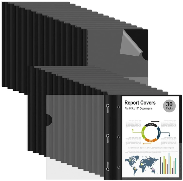 Main image of 30 Packs Clear Front Report Covers with 3-Prong Fasteners, Plastic Project Presentation Folders Resume Document Covers with Black Back for 8.5" x 11" Letter Size Paper for School Office Business