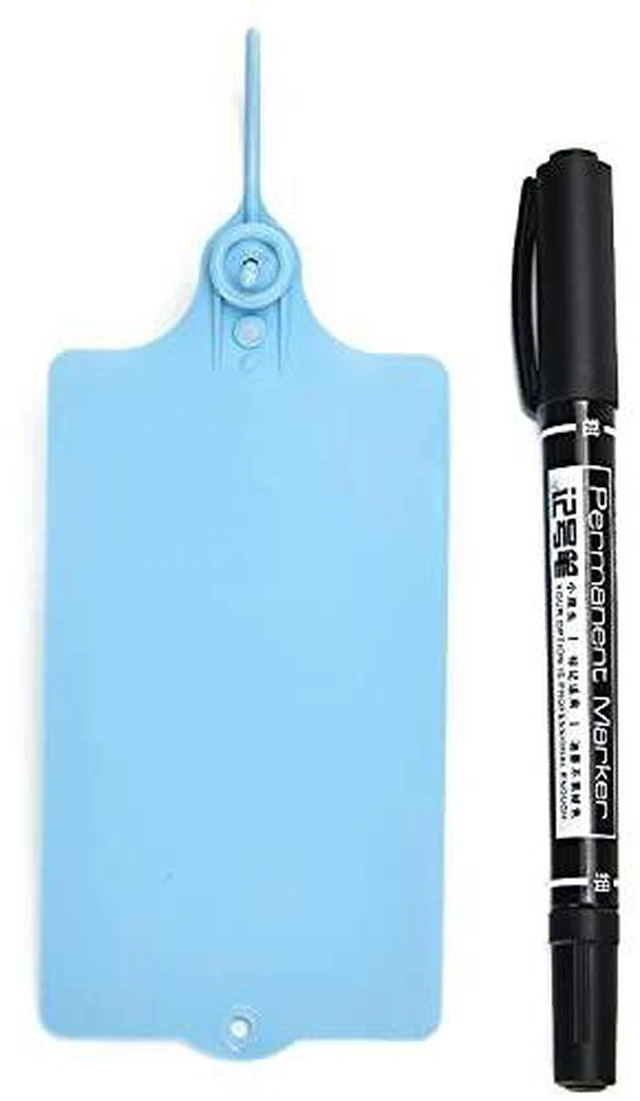 Alt view image 2 of 7 - 100 Plastic Shipping Tags - Waterproof, Writable, Hanging Tags with One Blue Marker Pen