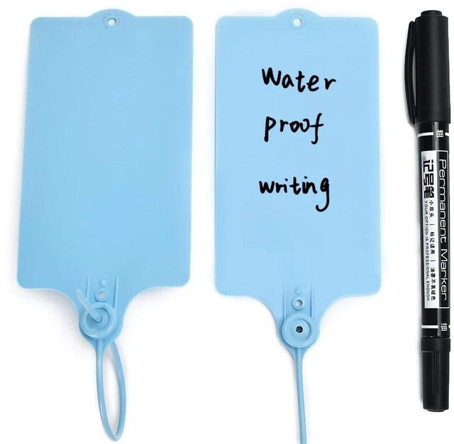 Main image of 100 Plastic Shipping Tags - Waterproof, Writable, Hanging Tags with One Blue Marker Pen