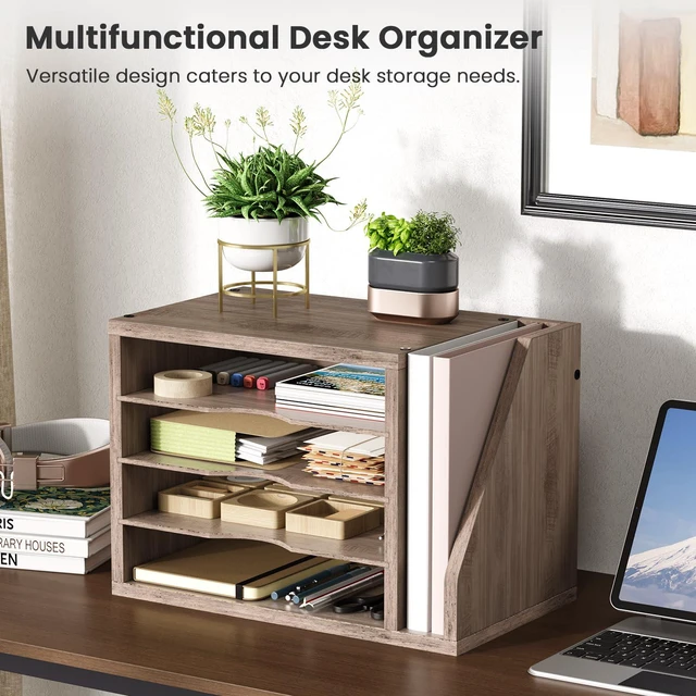 Alt view image 2 of 7 - Wooden Mail Organizer, Desk Organizer with 3 Adjustable Shelves Mail Sorter, File Organizer Desktop, Mail Holder for Home Office, Letter Sorter for Envelopes, Bills, Magazines, Greige