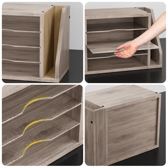 Alt view image 4 of 7 - Wooden Mail Organizer, Desk Organizer with 3 Adjustable Shelves Mail Sorter, File Organizer Desktop, Mail Holder for Home Office, Letter Sorter for Envelopes, Bills, Magazines, Greige