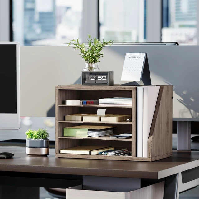 Alt view image 7 of 7 - Wooden Mail Organizer, Desk Organizer with 3 Adjustable Shelves Mail Sorter, File Organizer Desktop, Mail Holder for Home Office, Letter Sorter for Envelopes, Bills, Magazines, Greige