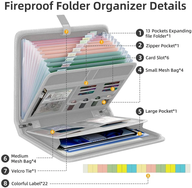 Alt view image 3 of 7 - Fireproof Accordion File Organizer, Expanding File Folder with 13 Pockets Portable Document Organizer with Waterproof Zipper & Labels, File Organizer for Important Document/Paper Storage, Gray