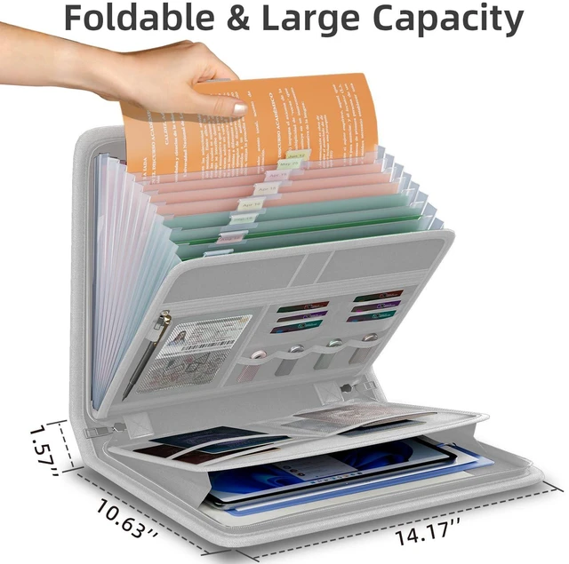 Alt view image 5 of 7 - Fireproof Accordion File Organizer, Expanding File Folder with 13 Pockets Portable Document Organizer with Waterproof Zipper & Labels, File Organizer for Important Document/Paper Storage, Gray