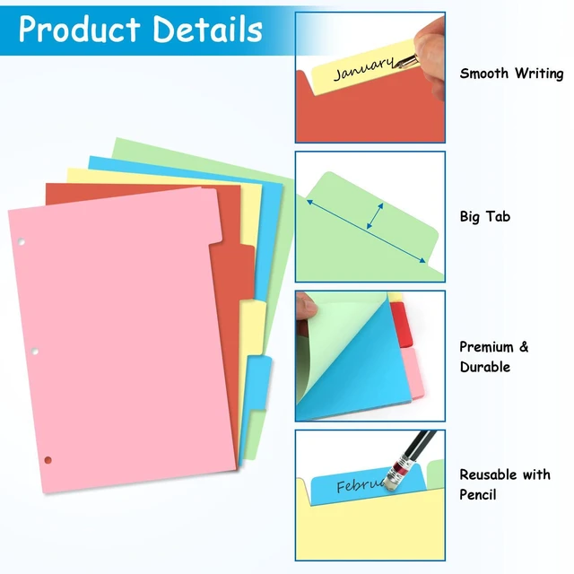 Alt view image 3 of 7 - Binder Dividers for 3 Ring Binder, 1/5 Cut Tabs, Letter Size Blank Dividers Write On Page with 5 Big Tabs for School Office Home, 4 Sets, 20 Dividers, Multicolor