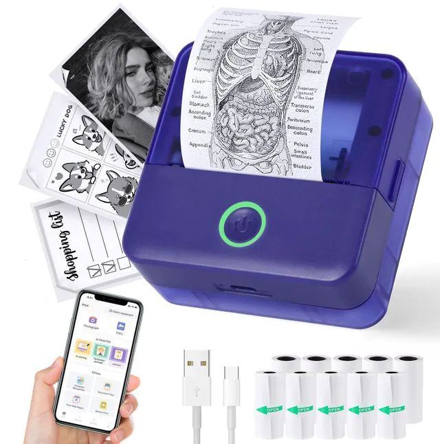 Main image of Mini Sticker Printer, X6 Print Pod with 10 Rolls Thermal Paper Bluetooth Pocket Printer Sticker Maker for Phone, Impresora Portátil for Gifts, DIY, Journaling Supplies, Photos (Purple)
