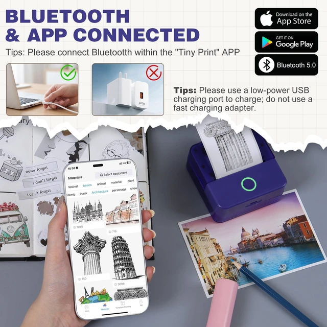Alt view image 2 of 7 - Mini Sticker Printer, X6 Print Pod with 10 Rolls Thermal Paper Bluetooth Pocket Printer Sticker Maker for Phone, Impresora Portátil for Gifts, DIY, Journaling Supplies, Photos (Purple)