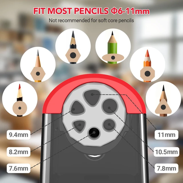 Alt view image 2 of 7 - Electric Pencil Sharpener Heavy Duty, 6 Holes, Cordless & Rechargeable, Fast Sharpen, Auto Stop, 10K+ Uses, Classroom Pencil Sharpener for 6-11mm No.2/Large/Colored Pencils PSD2(Red)