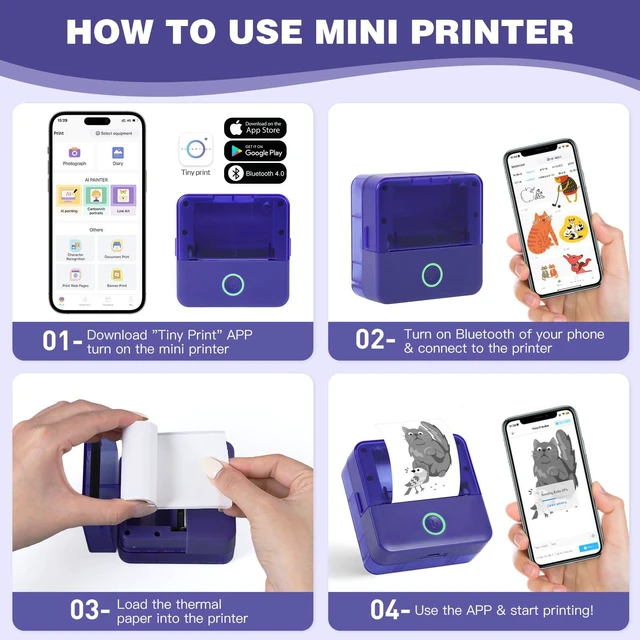 Alt view image 6 of 7 - Mini Sticker Printer, X6 Print Pod with 10 Rolls Thermal Paper Bluetooth Pocket Printer Sticker Maker for Phone, Impresora Portátil for Gifts, DIY, Journaling Supplies, Photos (Purple)