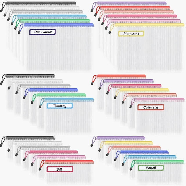 Main image of 36 Pack Mesh Zipper Pouches, A4 A5 A6 Sizes 12 Colors with Labels A4 A5 A6 Sizes & 12 Colors Sort Crafts & Files; See-Through Design Keeps Contents Visible with Water-Resistant Protection