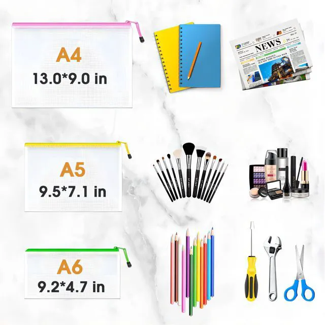 Alt view image 2 of 6 - 36 Pack Mesh Zipper Pouches, A4 A5 A6 Sizes 12 Colors with Labels A4 A5 A6 Sizes & 12 Colors Sort Crafts & Files; See-Through Design Keeps Contents Visible with Water-Resistant Protection