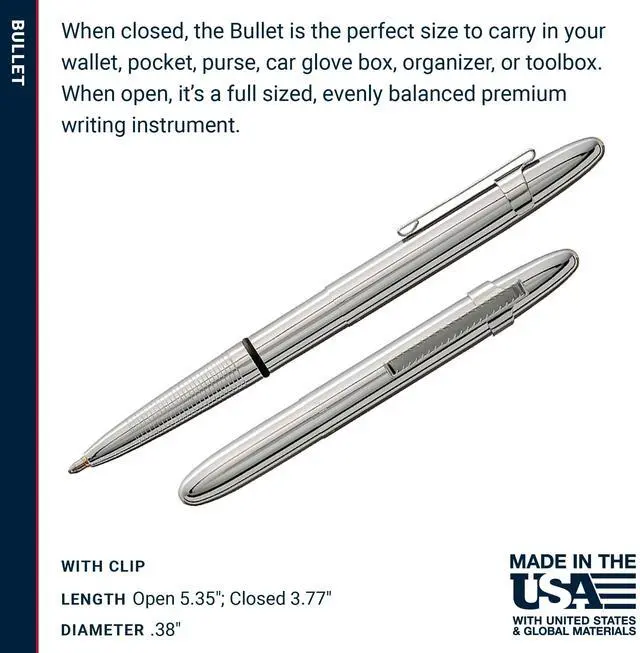 Alt view image 6 of 7 - Space Pen Chrome Pressurized Ballpoint Bullet Pen Compact Size, Writes Upside Down and in Extreme Temperatures, Black Ink, Medium Point, Pocket Clip, Made in the USA