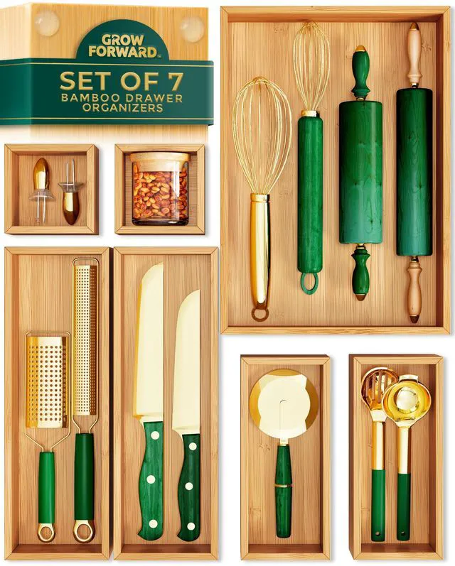 Main image of Bamboo Drawer Organizer Boxes - Set of 7 Wooden Drawer Organizers for Kitchen, Bathroom, Office, Desk, Vanity, Makeup - Non-Slip Junk Drawer Organizer Trays for Storage and Organization