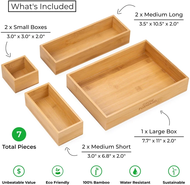 Alt view image 3 of 6 - Bamboo Drawer Organizer Boxes - Set of 7 Wooden Drawer Organizers for Kitchen, Bathroom, Office, Desk, Vanity, Makeup - Non-Slip Junk Drawer Organizer Trays for Storage and Organization