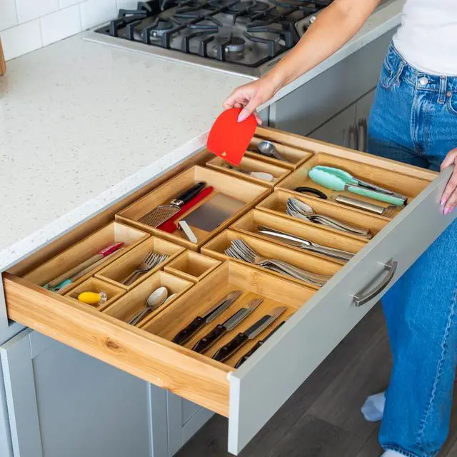 Alt view image 5 of 6 - Bamboo Drawer Organizer Boxes - Set of 7 Wooden Drawer Organizers for Kitchen, Bathroom, Office, Desk, Vanity, Makeup - Non-Slip Junk Drawer Organizer Trays for Storage and Organization