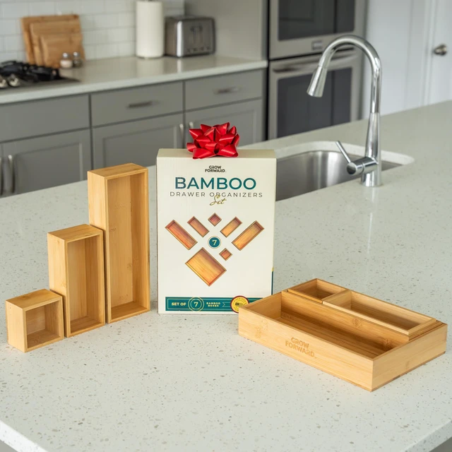 Alt view image 6 of 6 - Bamboo Drawer Organizer Boxes - Set of 7 Wooden Drawer Organizers for Kitchen, Bathroom, Office, Desk, Vanity, Makeup - Non-Slip Junk Drawer Organizer Trays for Storage and Organization