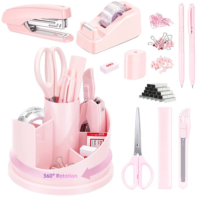 Main image of Office Supplies Set, Desk Accessory Organizer Kit, Pink Stationary Set, Desk Supplies with Rotating Multi-Functional Pen Holder &Stapler Set for Office, School, Home