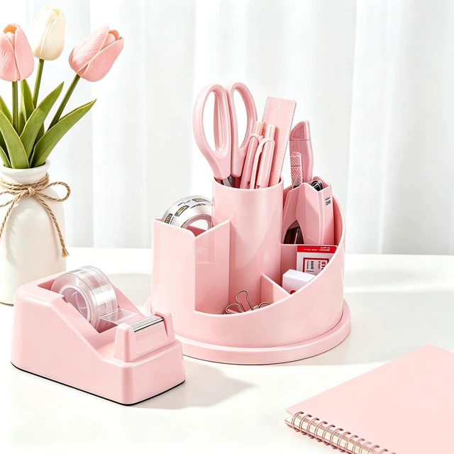 Alt view image 2 of 7 - Office Supplies Set, Desk Accessory Organizer Kit, Pink Stationary Set, Desk Supplies with Rotating Multi-Functional Pen Holder &Stapler Set for Office, School, Home