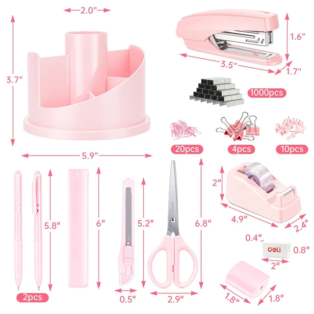 Alt view image 3 of 7 - Office Supplies Set, Desk Accessory Organizer Kit, Pink Stationary Set, Desk Supplies with Rotating Multi-Functional Pen Holder &Stapler Set for Office, School, Home