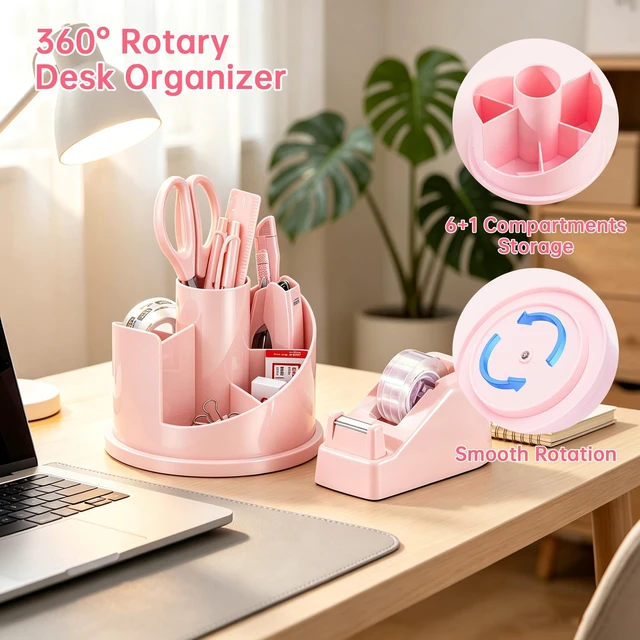 Alt view image 4 of 7 - Office Supplies Set, Desk Accessory Organizer Kit, Pink Stationary Set, Desk Supplies with Rotating Multi-Functional Pen Holder &Stapler Set for Office, School, Home