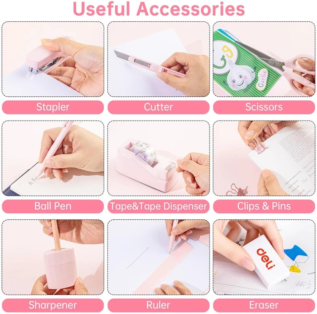 Alt view image 5 of 7 - Office Supplies Set, Desk Accessory Organizer Kit, Pink Stationary Set, Desk Supplies with Rotating Multi-Functional Pen Holder &Stapler Set for Office, School, Home