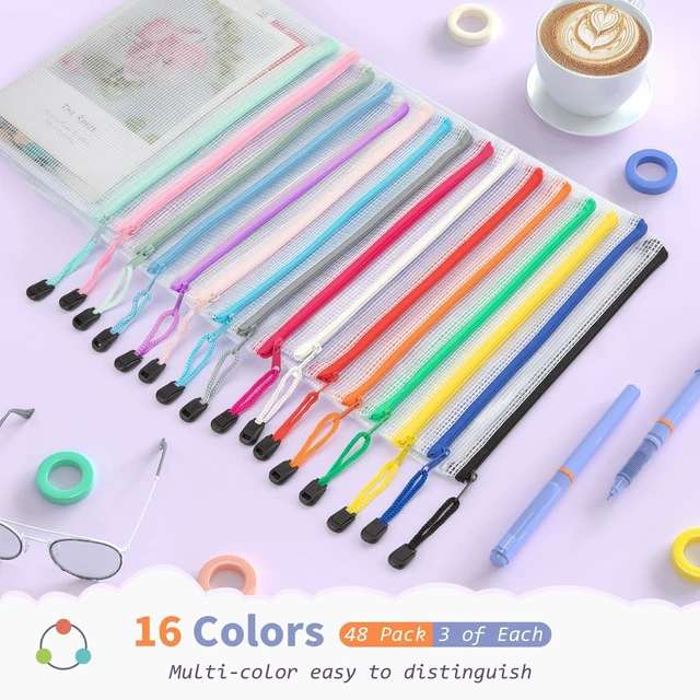 Alt view image 2 of 7 - 48 Pack A5 Mesh Zipper Pouches, 16 Colors Storage Organizer Bags 48 A5 Zipper Pouches Build a Complete Organization System for Families, Classrooms and Offices with Easy Color Sorting