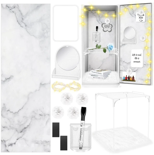 Main image of 17 Pcs White Locker Organizer Kit, Includes Classic Marble Locker Magnetic Wallpaper, Locker Shelf, Magnetic Mirror and Organizing Supplies First Day of School Essentials with Locker