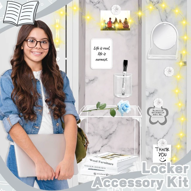 Alt view image 4 of 7 - 17 Pcs White Locker Organizer Kit, Includes Classic Marble Locker Magnetic Wallpaper, Locker Shelf, Magnetic Mirror and Organizing Supplies First Day of School Essentials with Locker