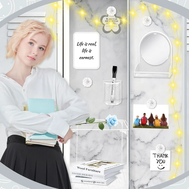 Alt view image 6 of 7 - 17 Pcs White Locker Organizer Kit, Includes Classic Marble Locker Magnetic Wallpaper, Locker Shelf, Magnetic Mirror and Organizing Supplies First Day of School Essentials with Locker