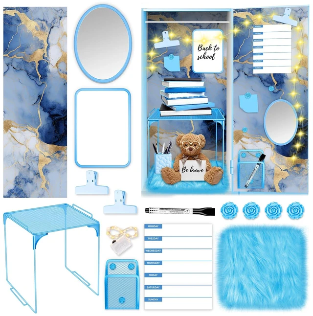 Main image of Blue Locker Accessories Kit with Locker Magnetic Wallpaper Magnetic Shelf Whiteboard Mirror Rug Pen Holder Clips Planner School Locker Accessories Organization Set for Back to School