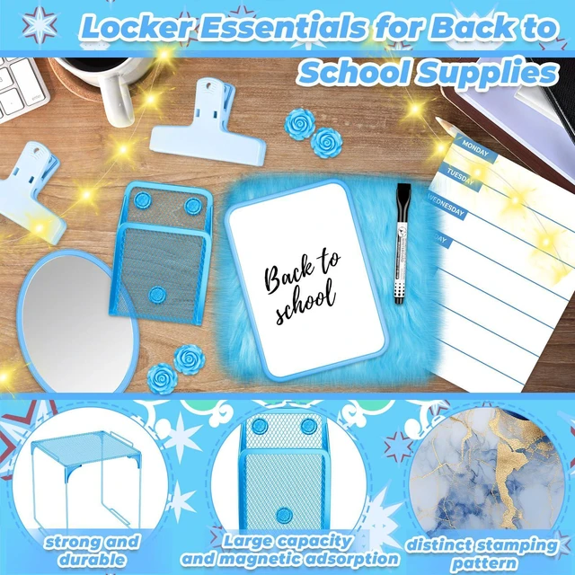 Alt view image 3 of 7 - Blue Locker Accessories Kit with Locker Magnetic Wallpaper Magnetic Shelf Whiteboard Mirror Rug Pen Holder Clips Planner School Locker Accessories Organization Set for Back to School
