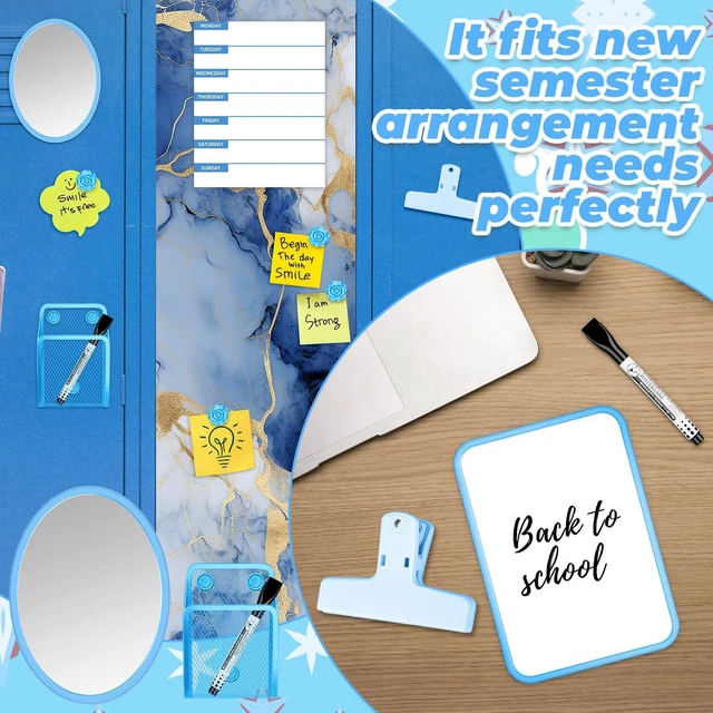 Alt view image 5 of 7 - Blue Locker Accessories Kit with Locker Magnetic Wallpaper Magnetic Shelf Whiteboard Mirror Rug Pen Holder Clips Planner School Locker Accessories Organization Set for Back to School