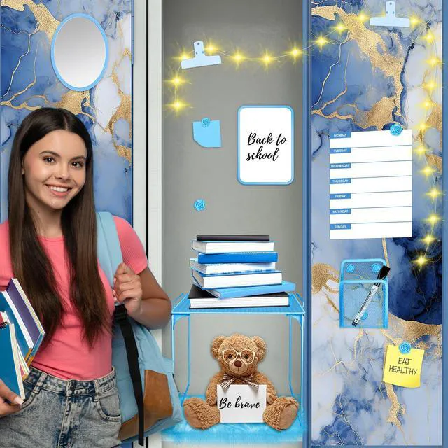 Alt view image 4 of 7 - Blue Locker Accessories Kit with Locker Magnetic Wallpaper Magnetic Shelf Whiteboard Mirror Rug Pen Holder Clips Planner School Locker Accessories Organization Set for Back to School